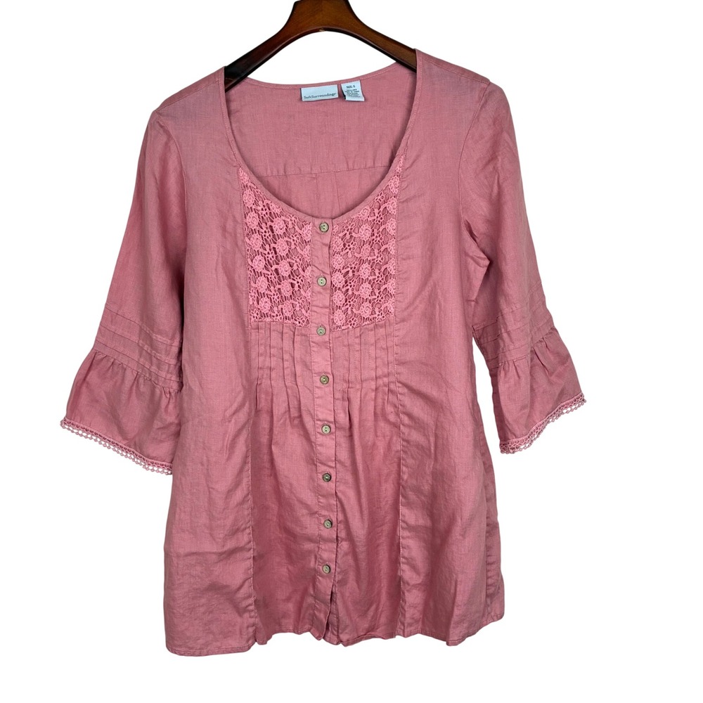 Soft Surroundings Tunic Top Sz S 100% Linen Lace Pintuck Cottage 3/4 Sleeve Pink